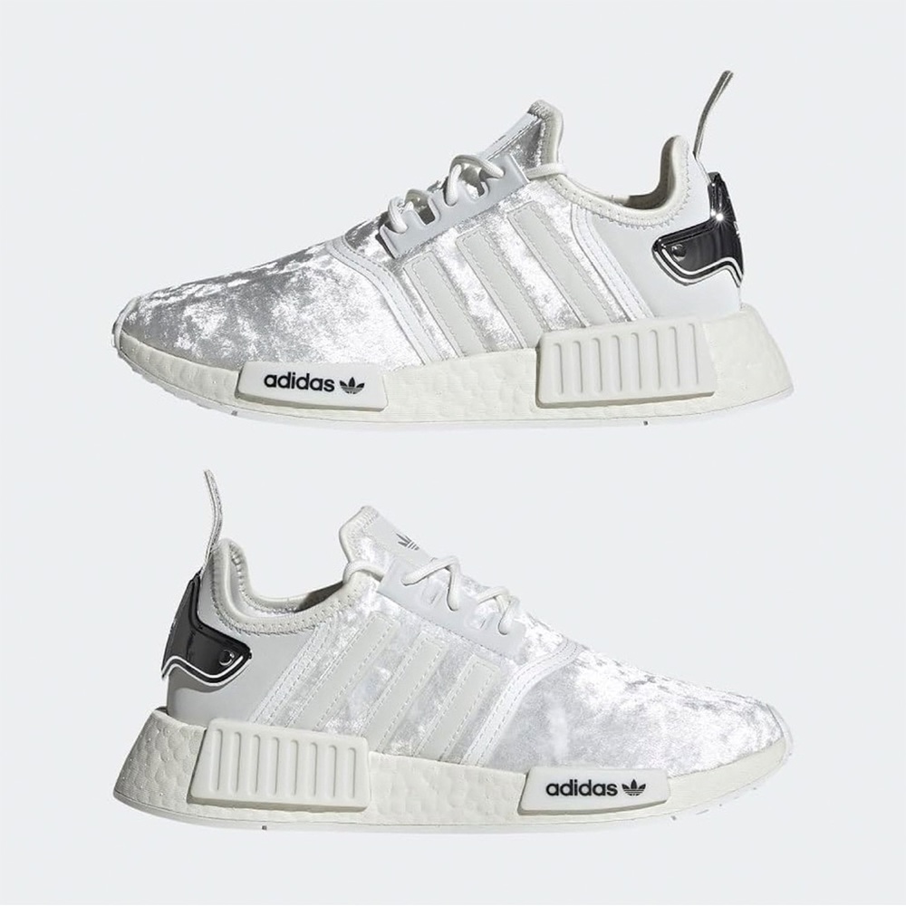 NEW Adidas NMD R1 Women’s Velour Crystal White & Silver Chrome Sz 7 - Picture 8 of 13